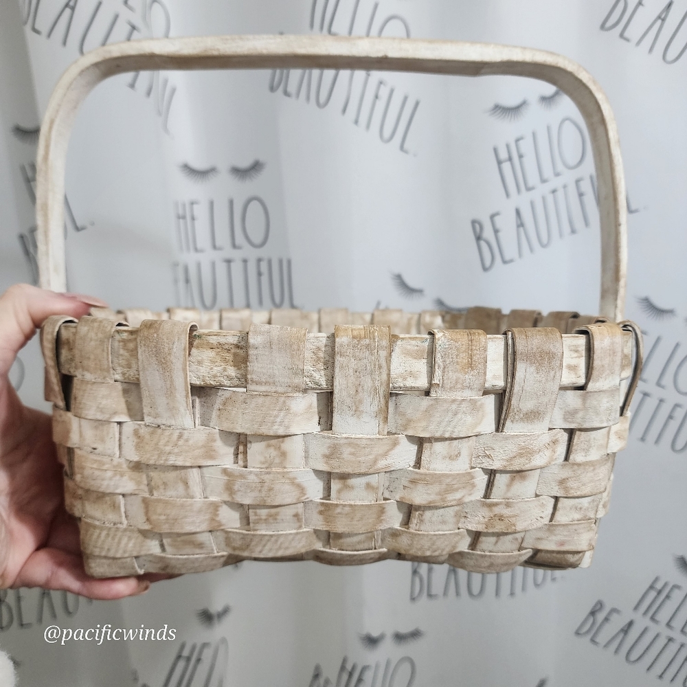 ASH WOOD VINTAGE WOVEN WHITEWASHED BASKET GATHERING BASKET